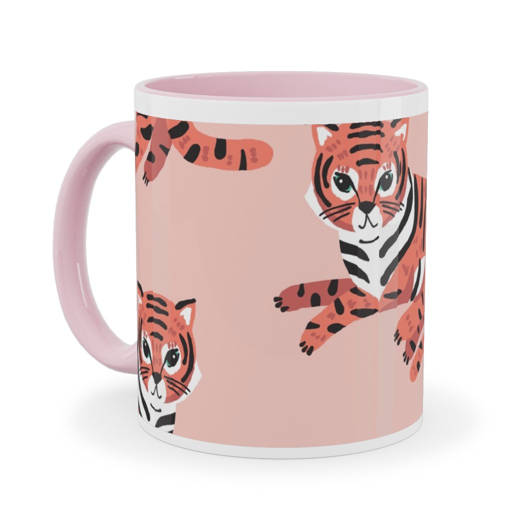 Jungle Tigers - Blush and Coral Ceramic Mug, Pink, , 11oz, Pink, Bright Pink