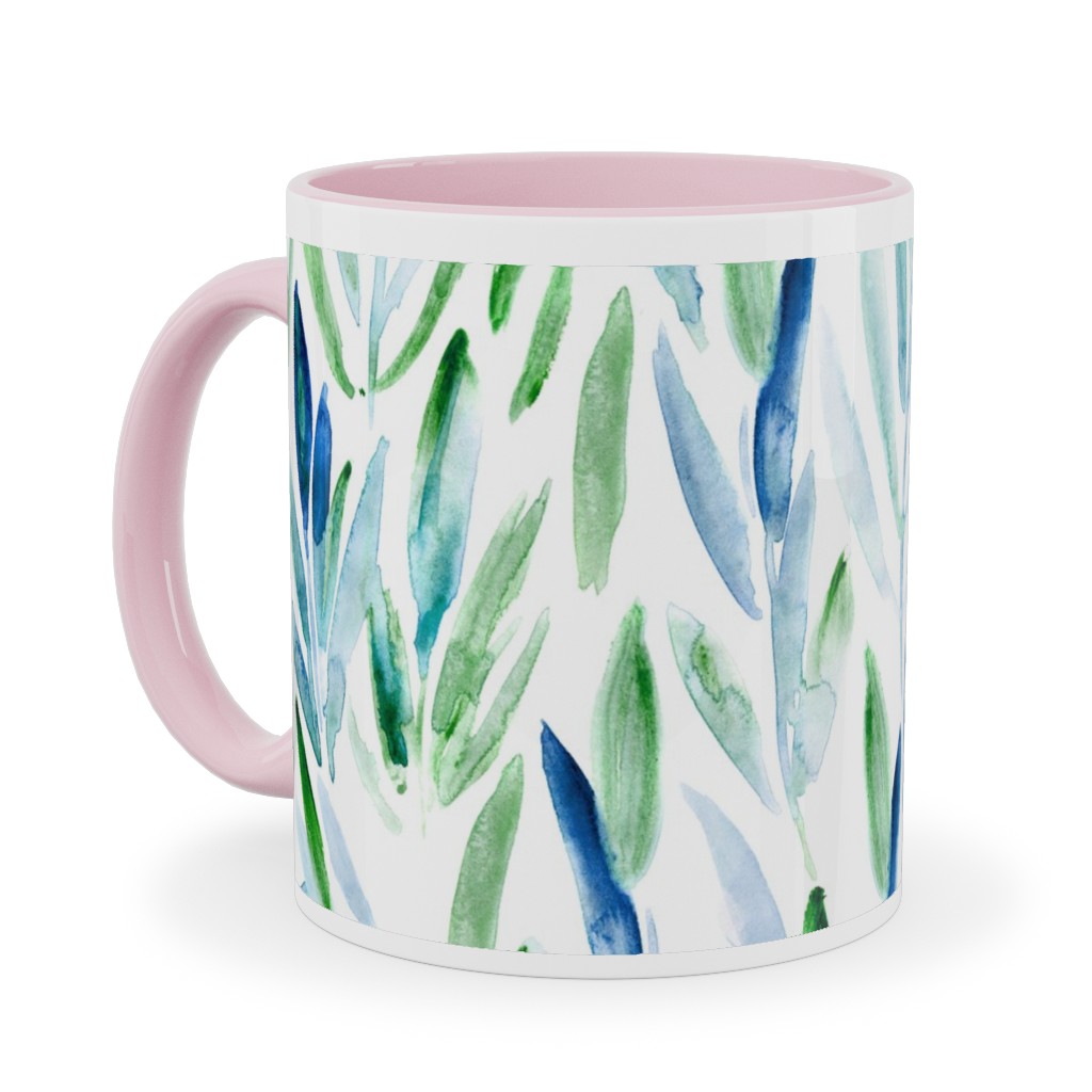 Watercolor Eucalyptus Leaves - Blue and Green Ceramic Mug, Pink, , 11oz, Green, Classic Green