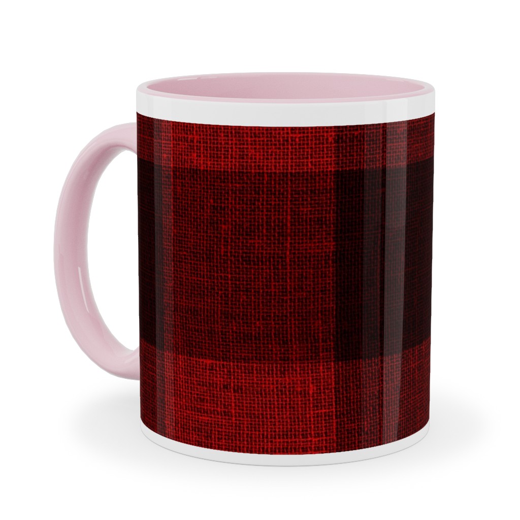 Linen Look Gingham Lumberjack - Red, Black Ceramic Mug, Pink, , 11oz, Red, Red