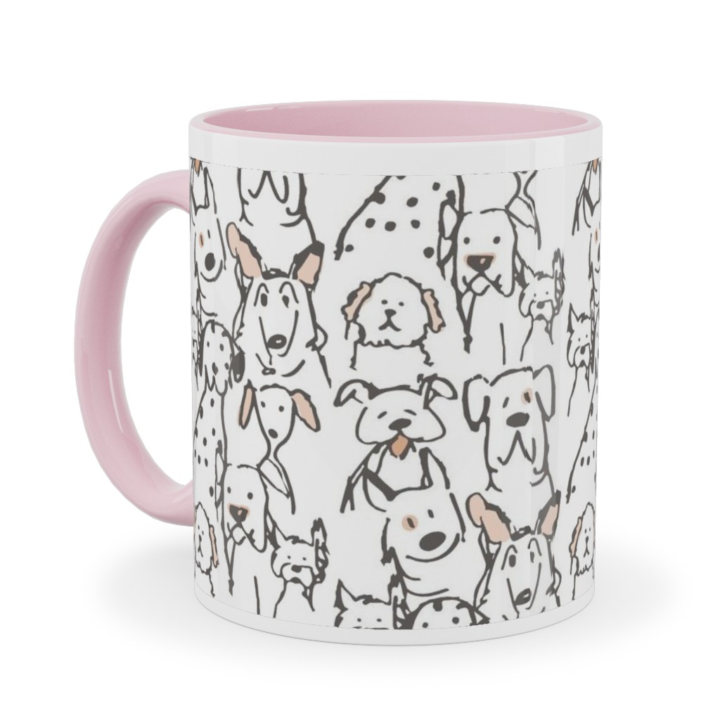 Peach Pop Doodle Dogs - Black and White Ceramic Mug, Pink, , 11oz, White, White