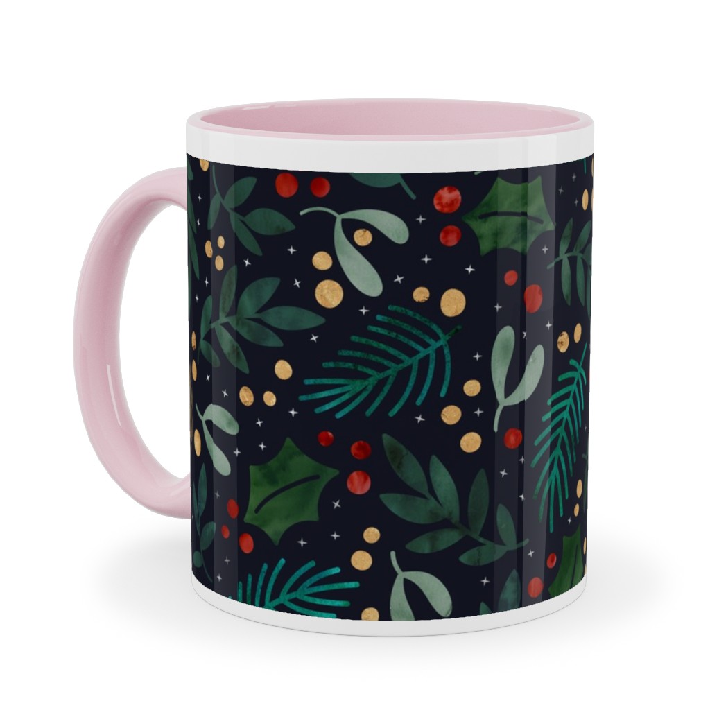 Christmas Florals - Dark Green Ceramic Mug, Pink,  , 11oz, Green