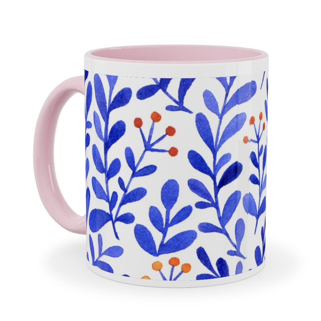 Leaves - Blue Ceramic Mug, Pink, , 11oz, Blue, True Blue