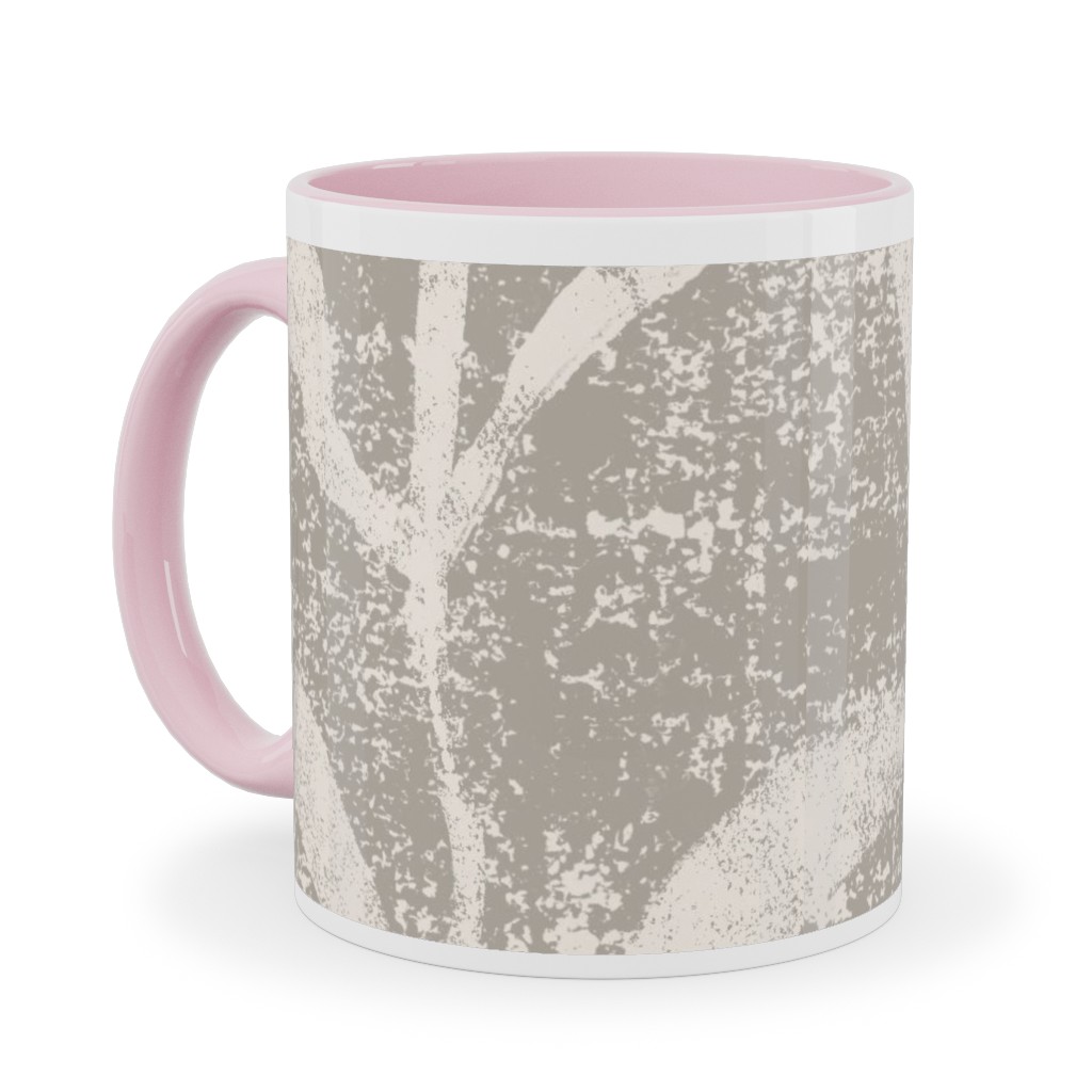 Grass Cloth With Leaves - Gray and Cream Ceramic Mug, Pink, , 11oz, Beige, Pearl