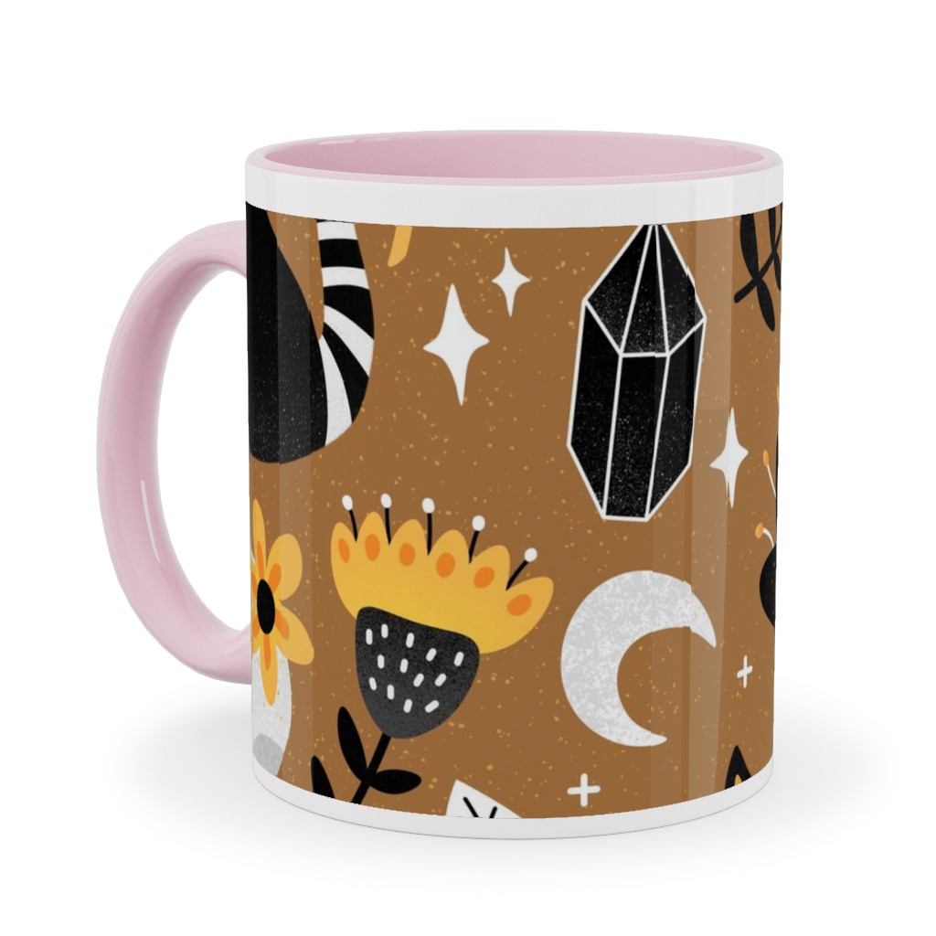 Black Cat & Floral Skull Ceramic Mug, Pink, , 11oz, Brown, Brown
