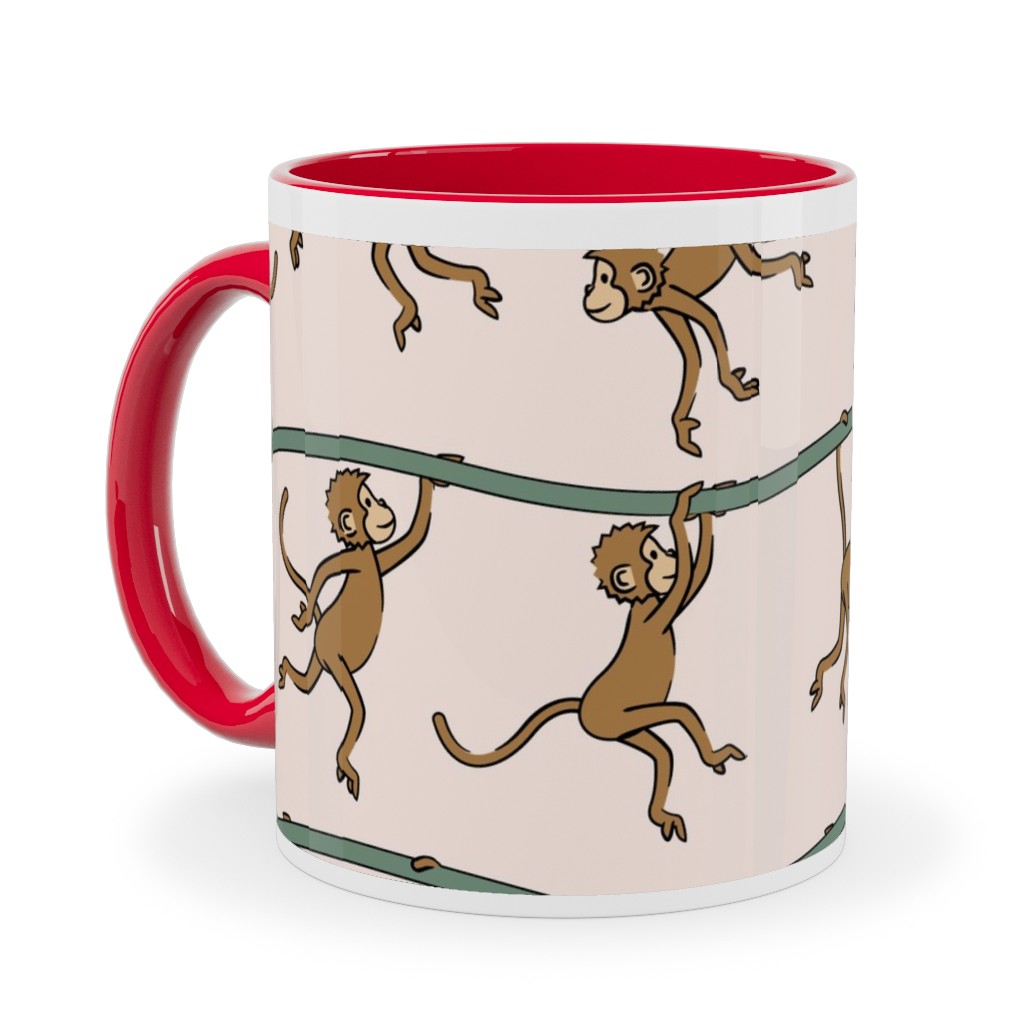 Swinging Monkeys Ceramic Mug, Red, , 11oz, Pink, Chenille