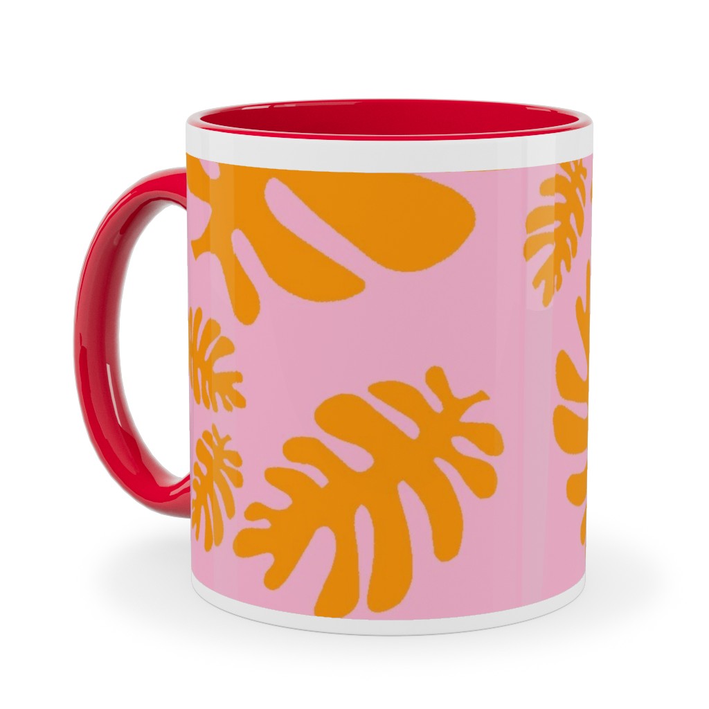 Funky Tropical Leaf - Orange and Blush Ceramic Mug, Red,  , 11oz, Pink