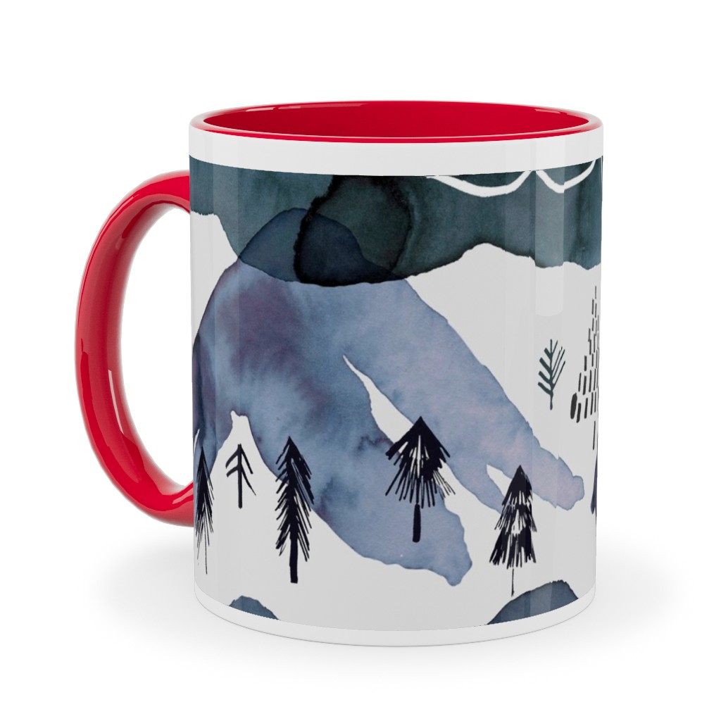 Watercolor Mountains Landscape - Blue Ceramic Mug, Red,  , 11oz, Blue