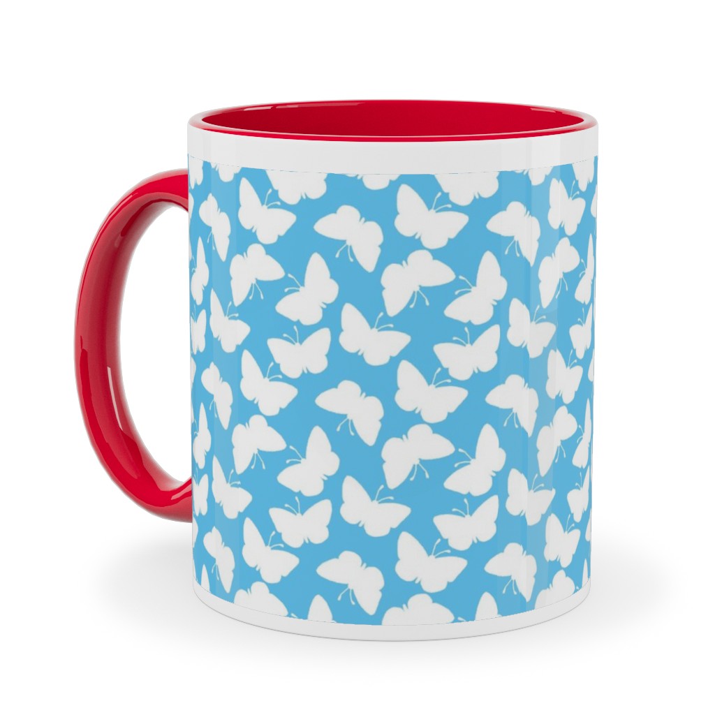 Butterflies - White on Blue Ceramic Mug, Red, , 11oz, Blue, True Blue