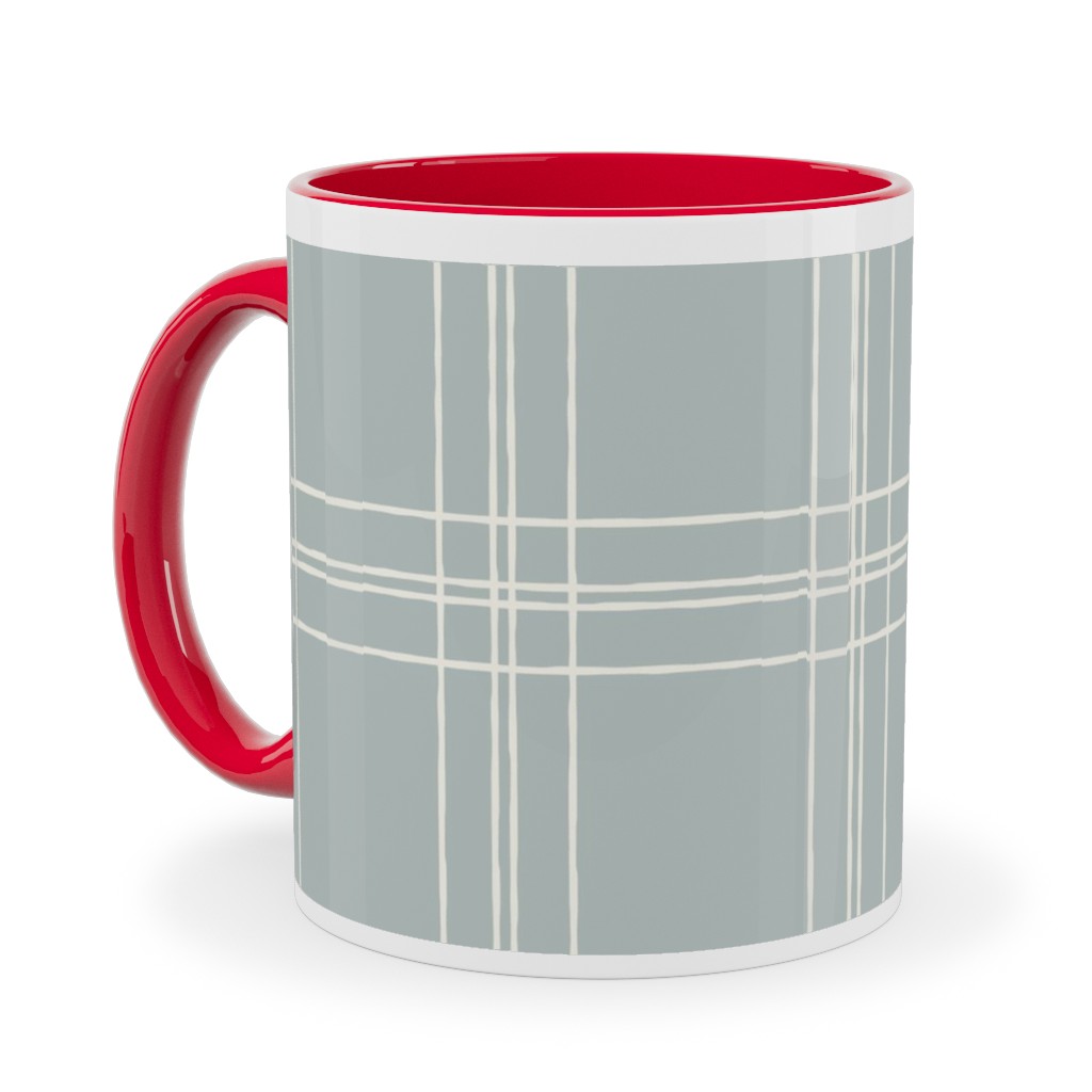 Lined Linens - Quad Plaid - Ivory, Blue Ceramic Mug, Red, , 11oz, Blue, True Blue