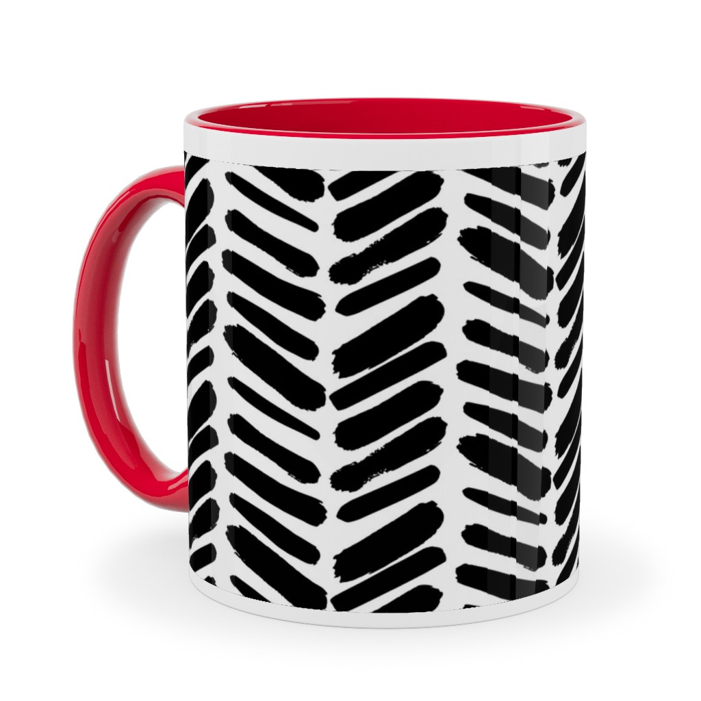 Brushstroke Chevrons Ceramic Mug, Red,  , 11oz, Black