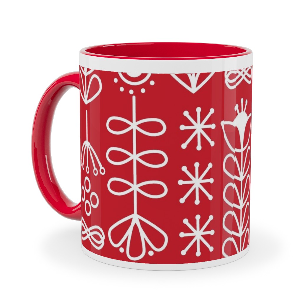 Red and White Nordic Mod Floral Ceramic Mug, Red,  , 11oz, Red