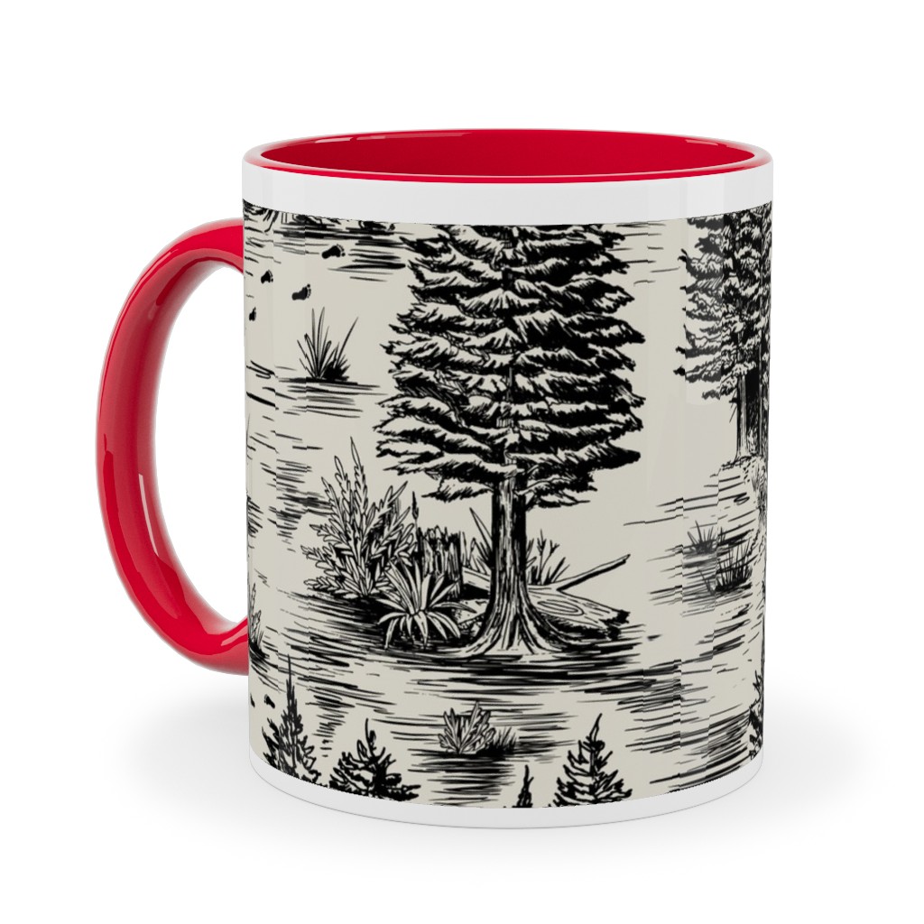 Bigfoot Sasquatch Toile De Jouy Ceramic Mug, Red,  , 11oz, Black