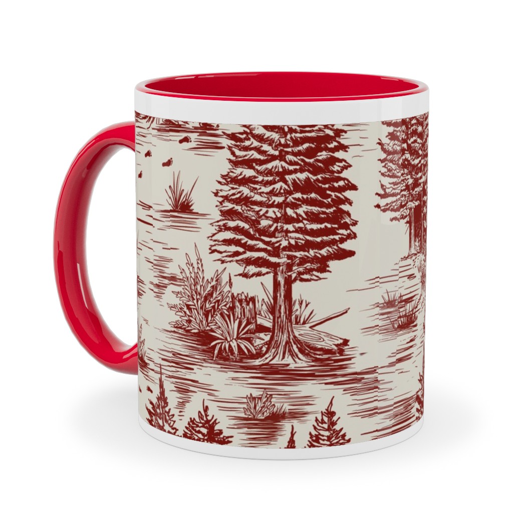 Bigfoot Sasquatch Toile De Jouy Ceramic Mug, Red, , 11oz, Red, Rich Red