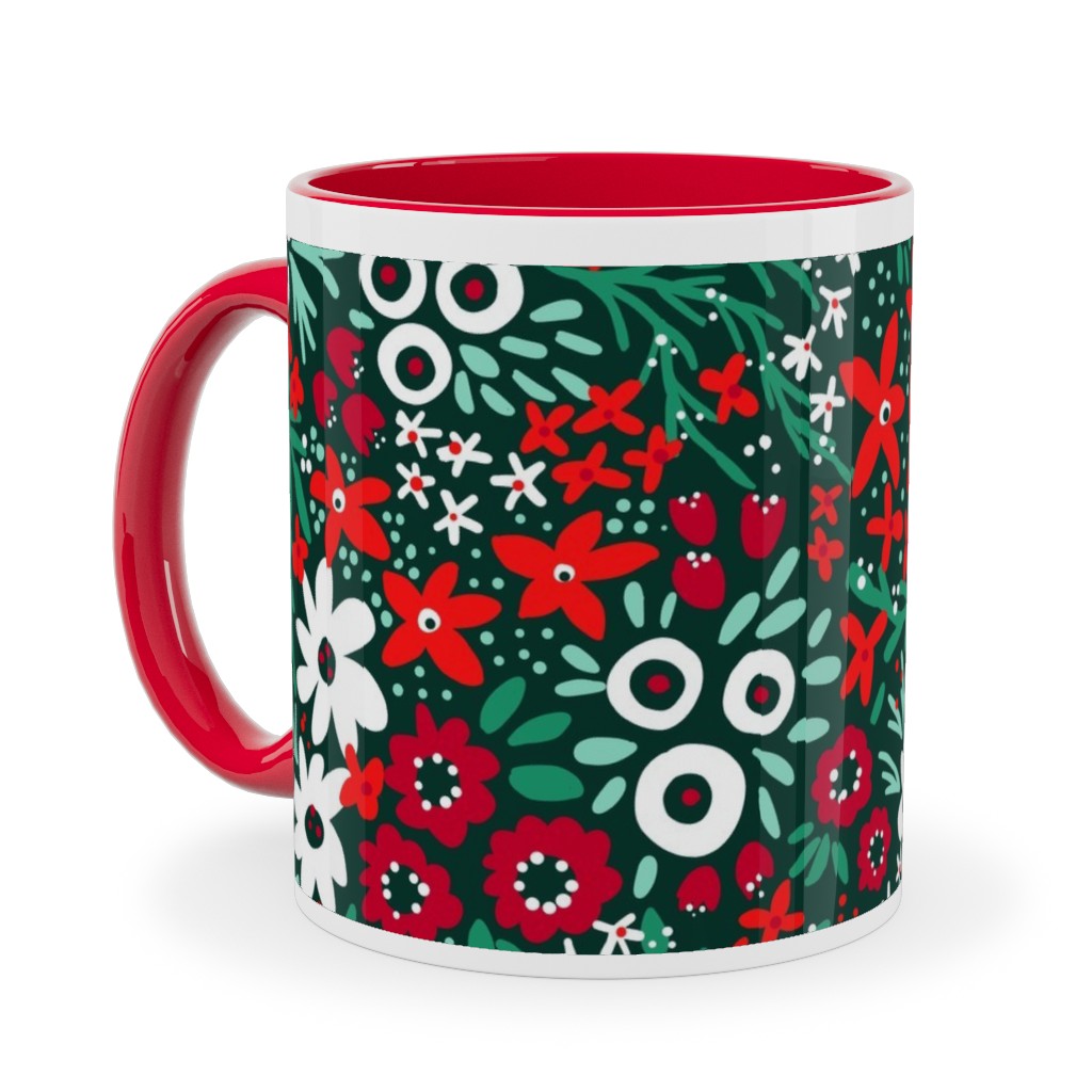 Rustic Floral - Holiday Red and Green Ceramic Mug, Red,  , 11oz, Green