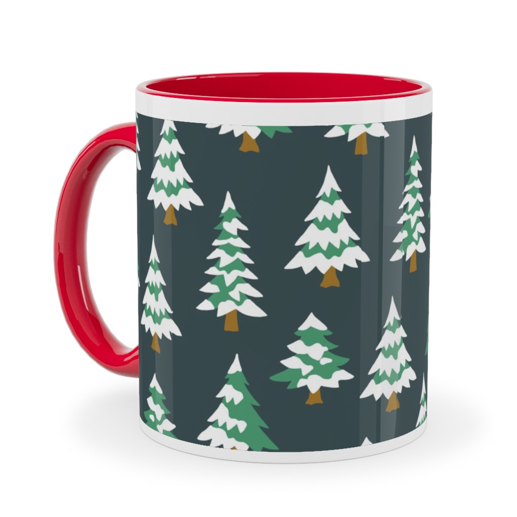 Winter Village Trees With Snow - Dark Ceramic Mug, Red, , 11oz, Green, Classic Green