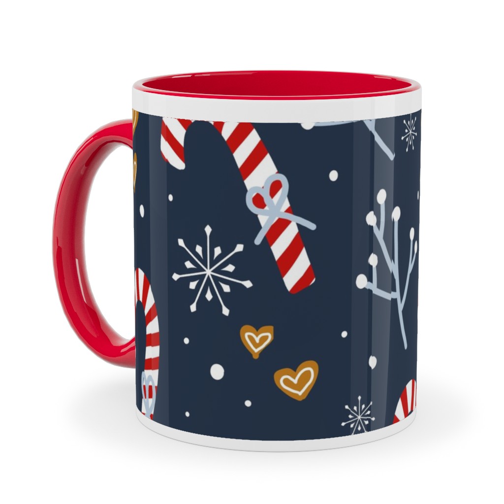 Candy Canes and Gingerbread Hearts Ceramic Mug, Red, , 11oz, Blue, True Blue