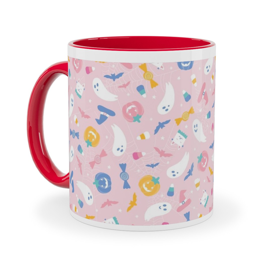 Pastel Halloween Happy Ghosts and Candy Corn Ceramic Mug, Red, , 11oz, Pink, Bright Pink