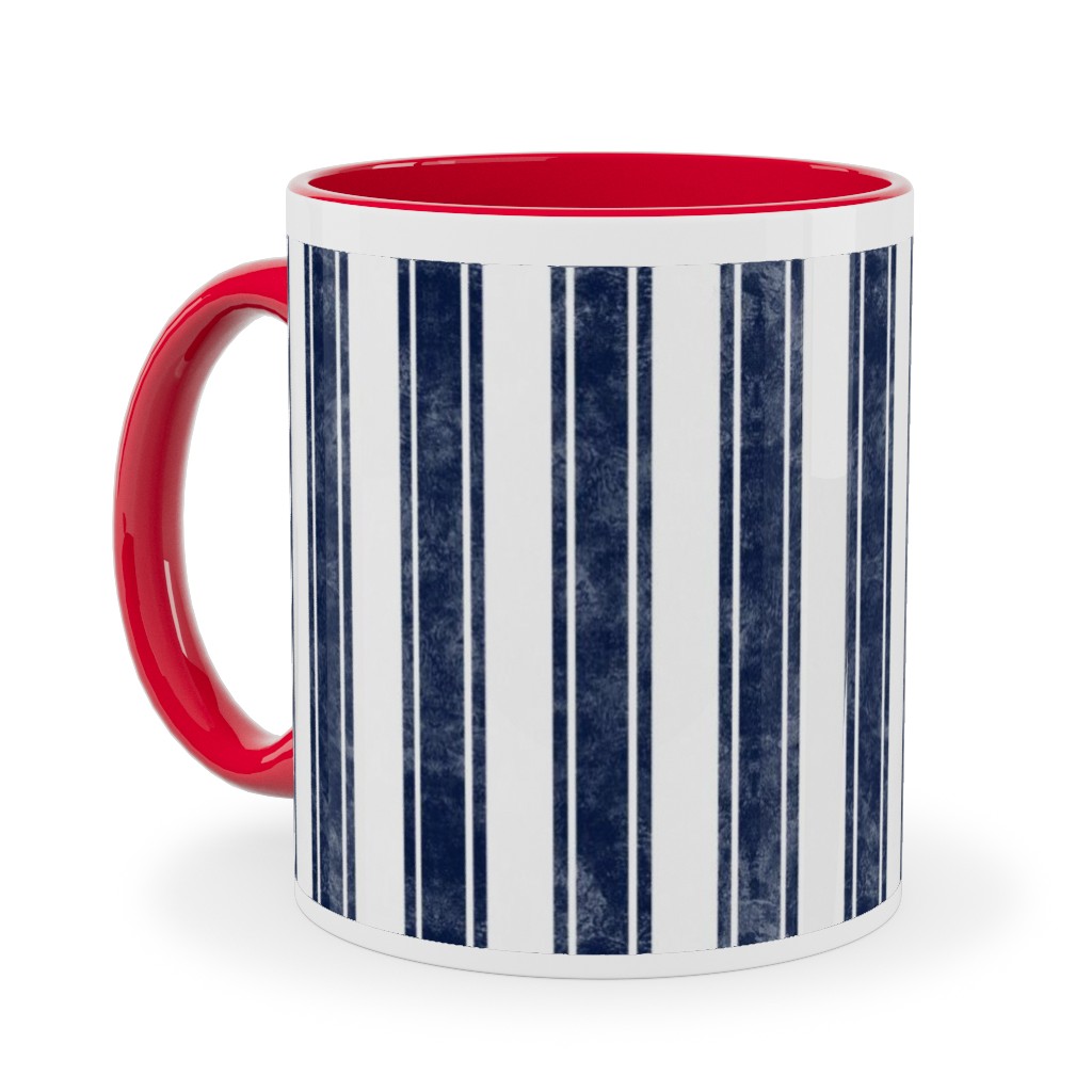 Vertical French Ticking Textured Pinstripes in Dark Midnight Navy and White Ceramic Mug, Red,  , 11oz, Blue