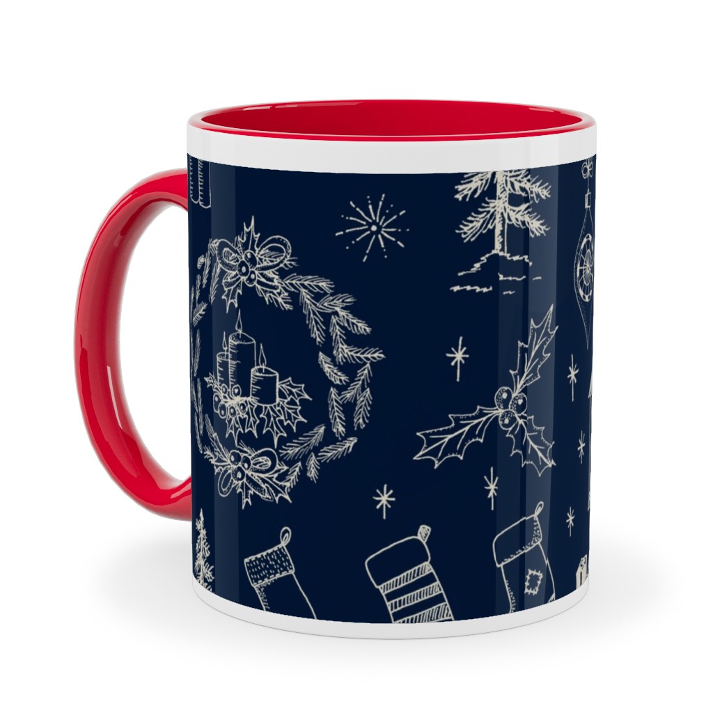Christmas Toile - Starry Night Ceramic Mug, Red, , 11oz, Blue, True Blue
