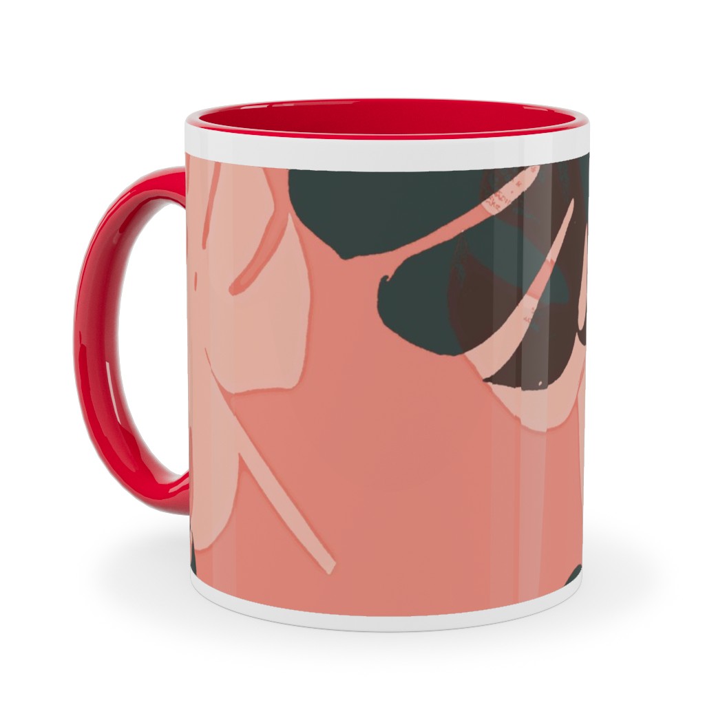 Monstera Leaves - Calypso Ceramic Mug, Red, , 11oz, Pink, Bright Pink