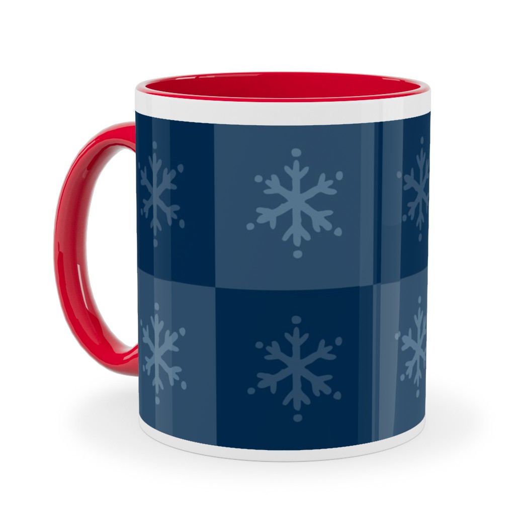 Scandi Cozy Winter Checkered Blue Snowflake Ceramic Mug, Red,  , 11oz, Blue