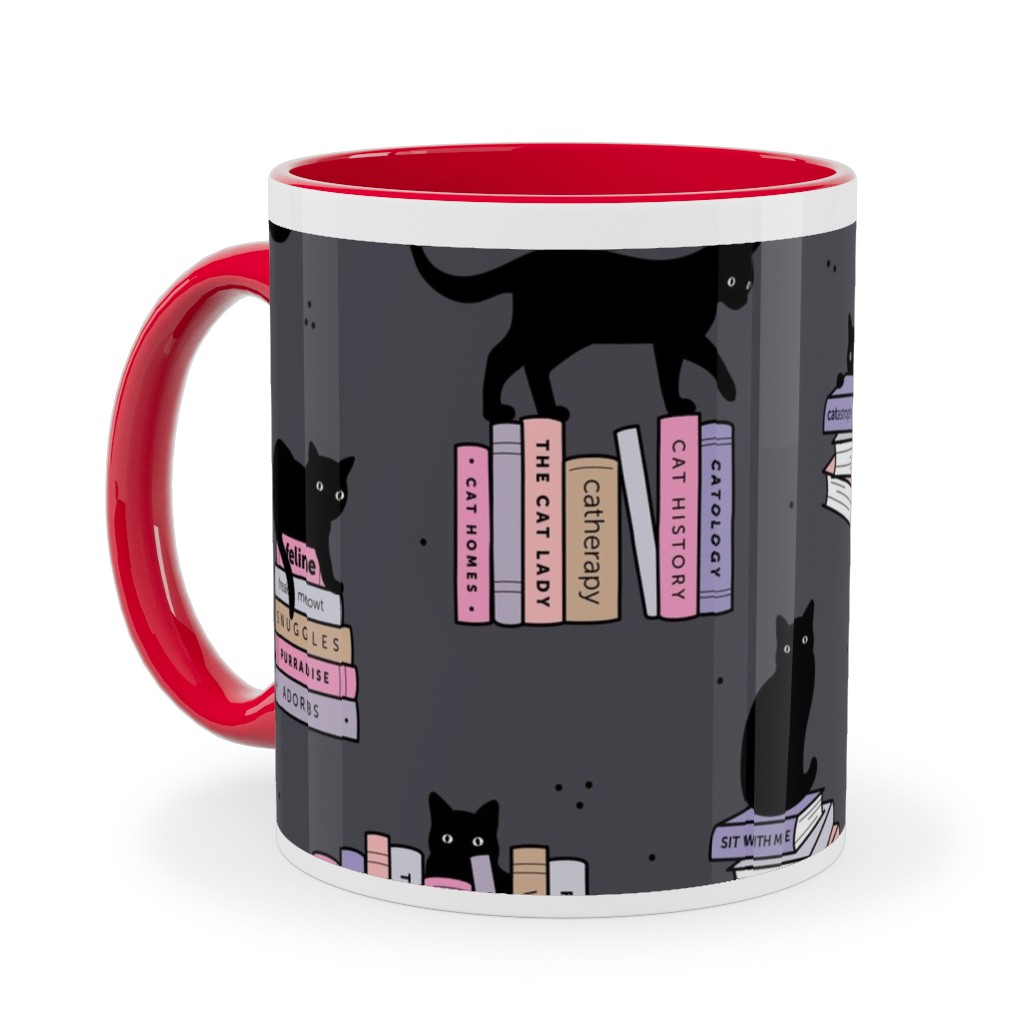 Cats and Books Ceramic Mug, Red, , 11oz, Gray, Slate