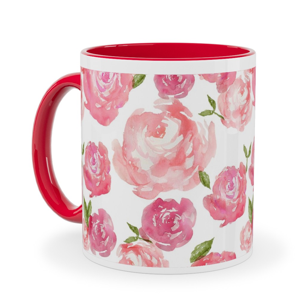 Watercolor Floral - Pink Ceramic Mug, Red, , 11oz, Pink, Bright Pink