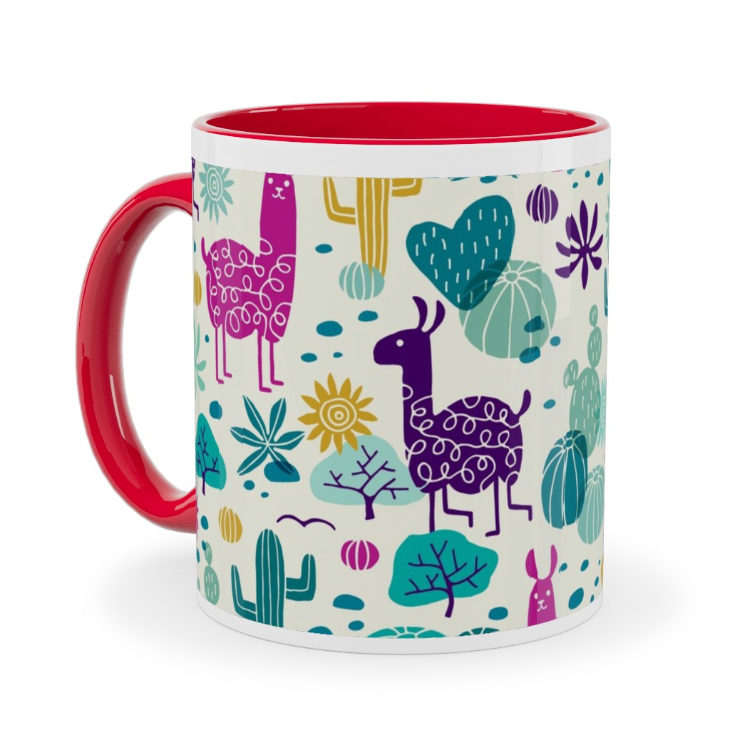 Llamas in the Desert - Multicolor Ceramic Mug, Red, , 11oz, Multicolor