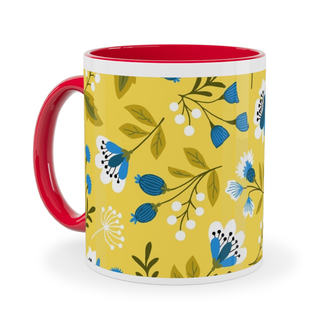 Colorful Spring Flowers - Blue on Yellow Ceramic Mug, Red,  , 11oz, Yellow