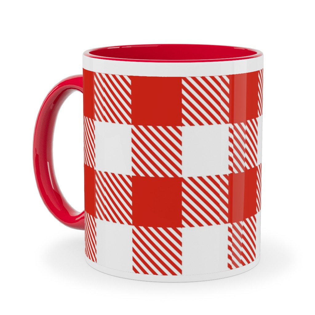 Red Gingham Pattern Ceramic Mug, Red,  , 11oz, Red