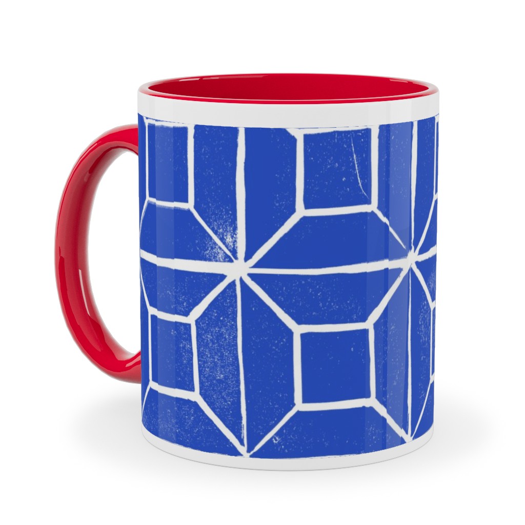 Geometric Lino - Cobalt Ceramic Mug, Red,  , 11oz, Blue