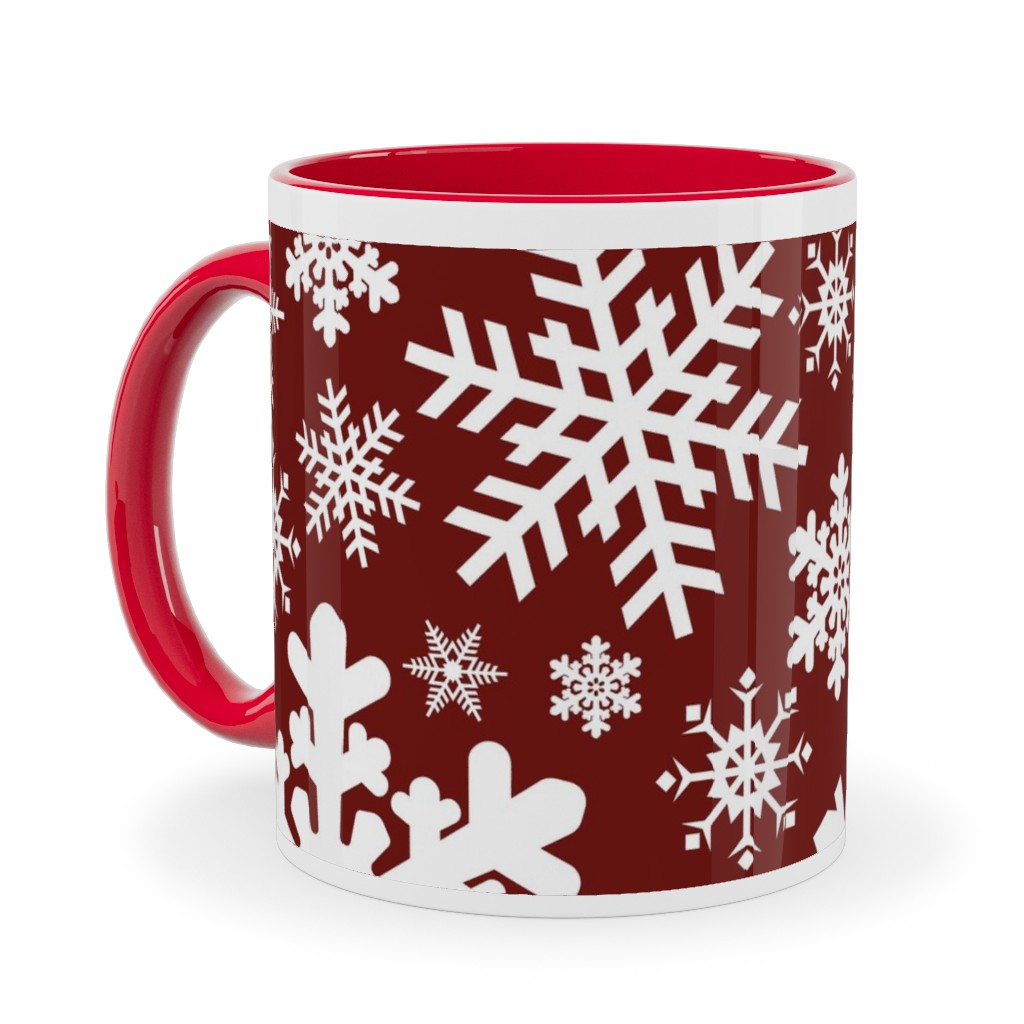 Christmas White Snowflakes on Red Background Ceramic Mug, Red, , 11oz, Red, Red