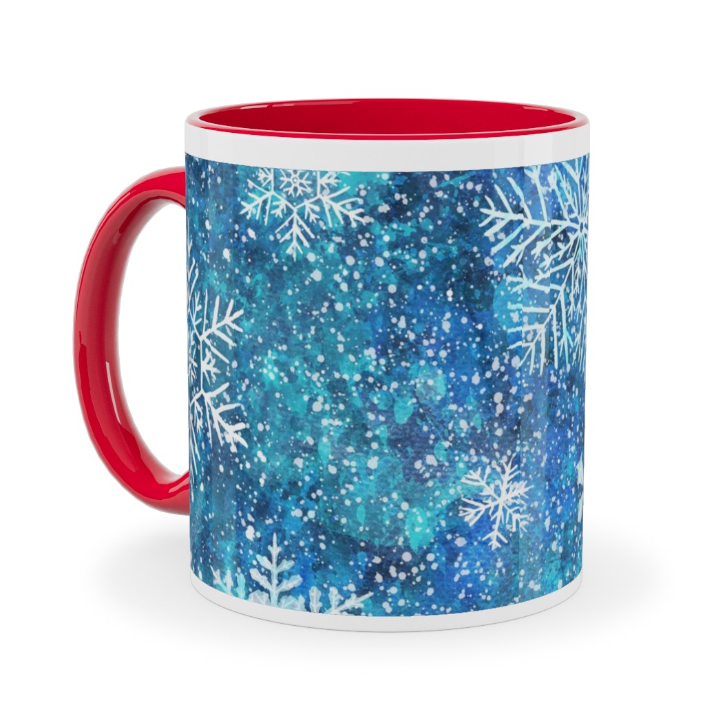 Whinsical Snowflakes Handpainted With Watercolors - Blue Ceramic Mug, Red,  , 11oz, Blue