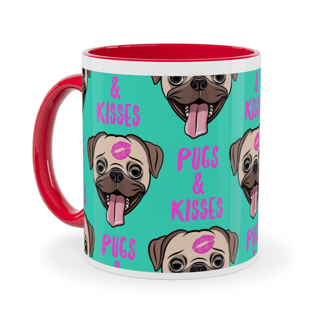 Pugs & Kisses - Cute Pug Dog - Teal Ceramic Mug, Red, , 11oz, Green, Classic Green