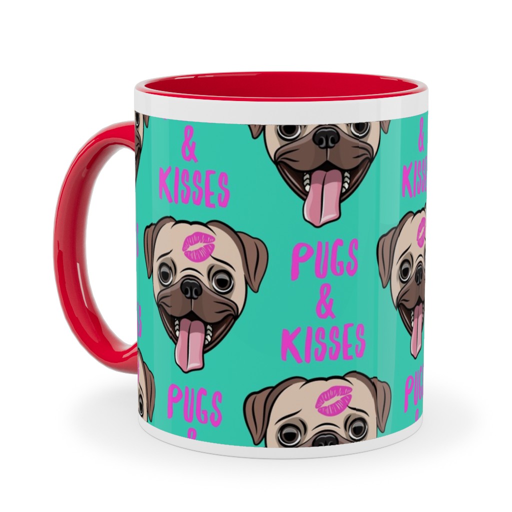 Pugs & Kisses - Cute Pug Dog - Teal Ceramic Mug, Red,  , 11oz, Green