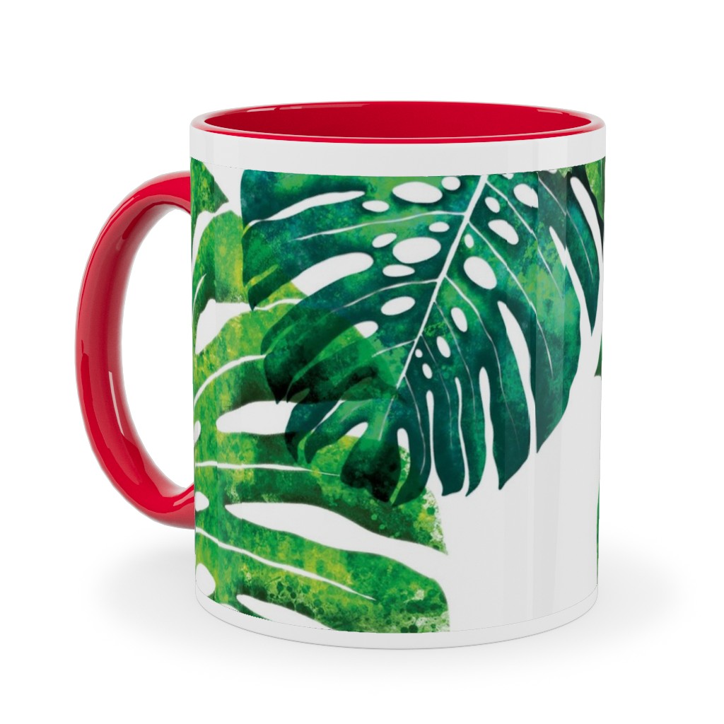 Monstera Leaves - Green on White Ceramic Mug, Red, , 11oz, Green, Classic Green