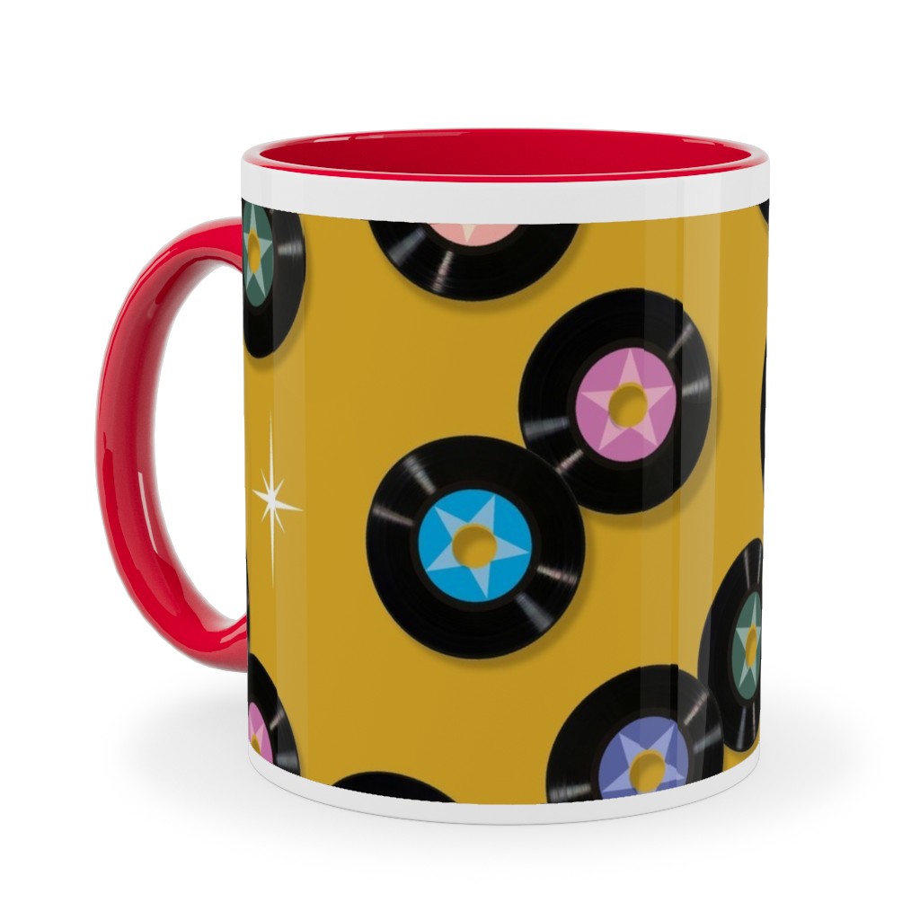 Pop Star Vintage Vinyl Records Ceramic Mug, Red, , 11oz, Yellow, Goldenrod