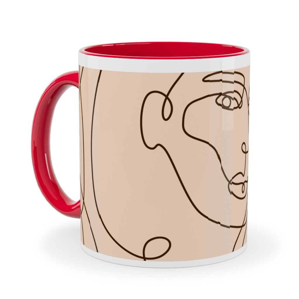 Hand Drawn Women Ceramic Mug, Red,  , 11oz, Beige