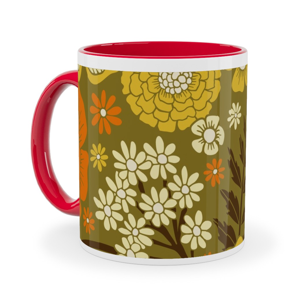 1970s Retro/Vintage Floral - Yellow and Brown Ceramic Mug, Red,  , 11oz, Yellow