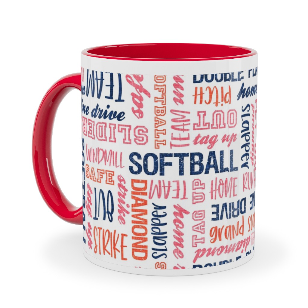 All Things Softball - Softball Typography - Pink Orange Blue Ceramic Mug, Red, , 11oz, Pink, Bright Pink