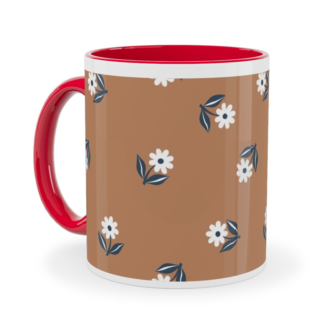 Romantic Boho Daisy Flowers - Scandinavian Print - Caramel Brown Blue Ceramic Mug, Red, , 11oz, Orange, Orange