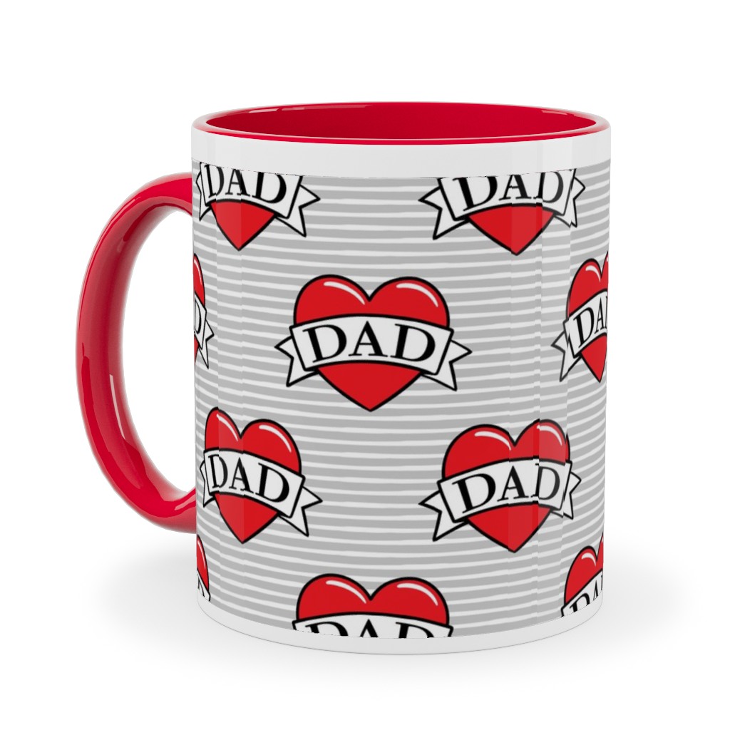 Dad Heart Tattoo - Red on Grey Stripes Ceramic Mug, Red, , 11oz, Red, Red