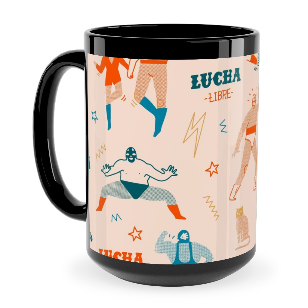 Mexican Lucha Libre - Beige Ceramic Mug, Black, , 15oz, Beige, Pearl
