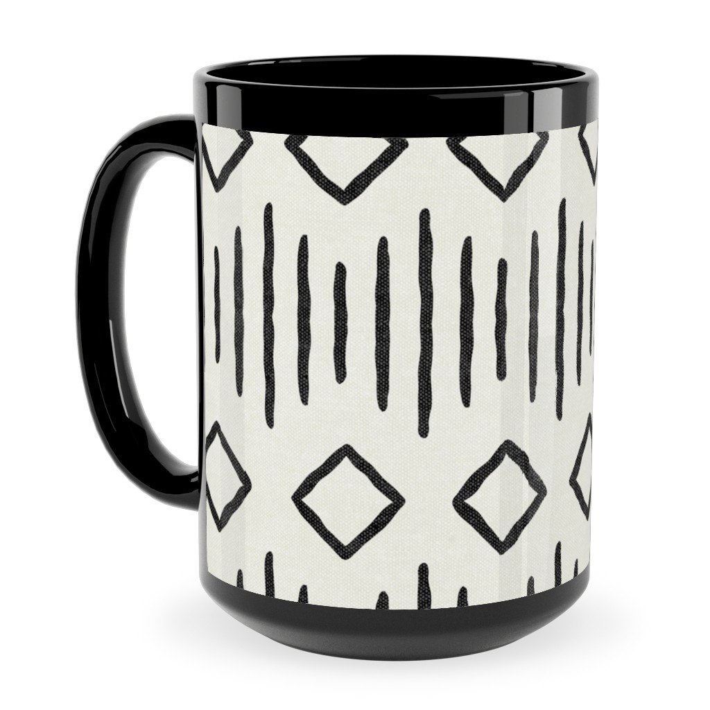 Diamond Fall - Mud Cloth - Onyx on Bone - Mudcloth Farmhouse Tribal - Lad19bs Ceramic Mug, Black, , 15oz, Beige, Pearl