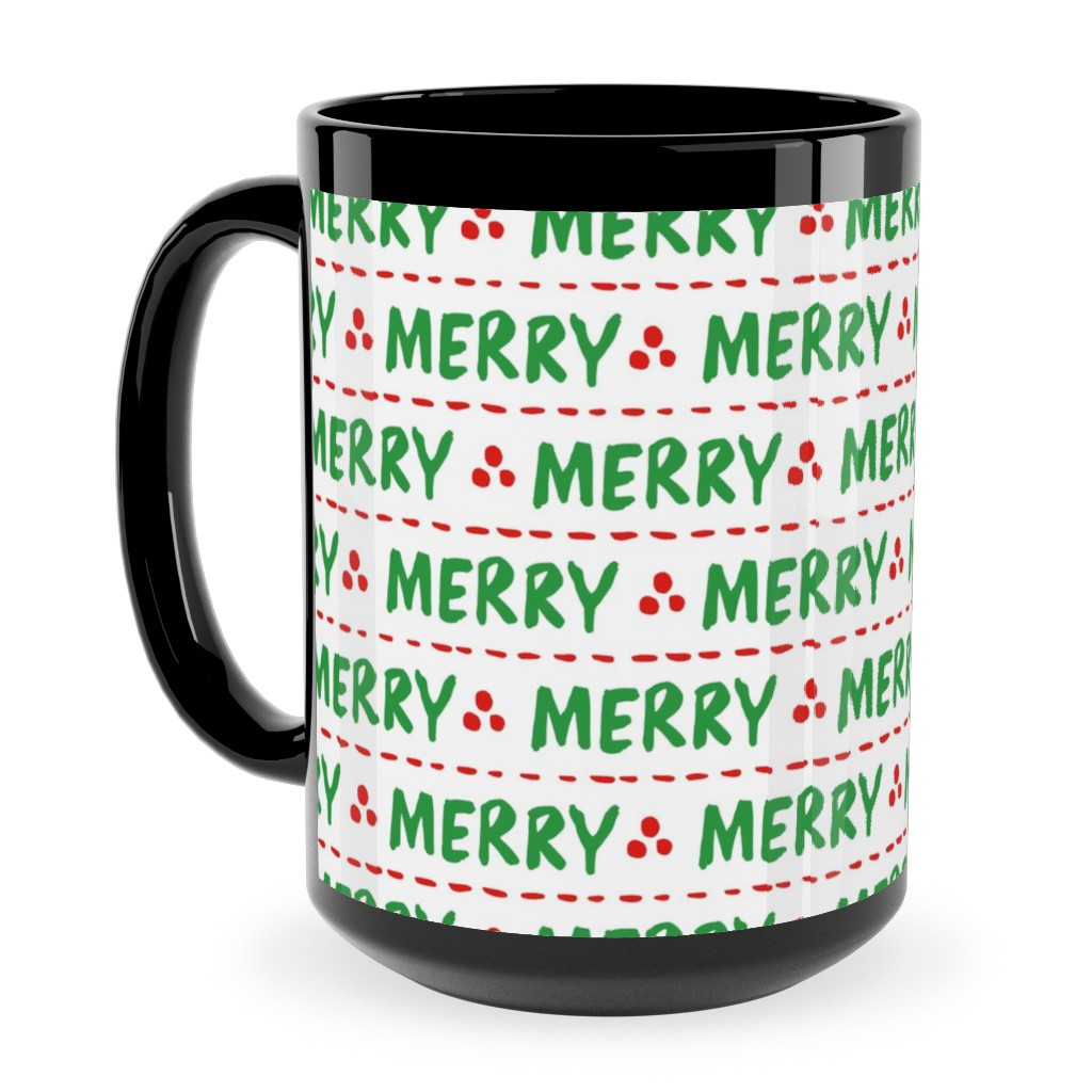 Hand Lettered Merry Ceramic Mug, Black,  , 15oz, Green