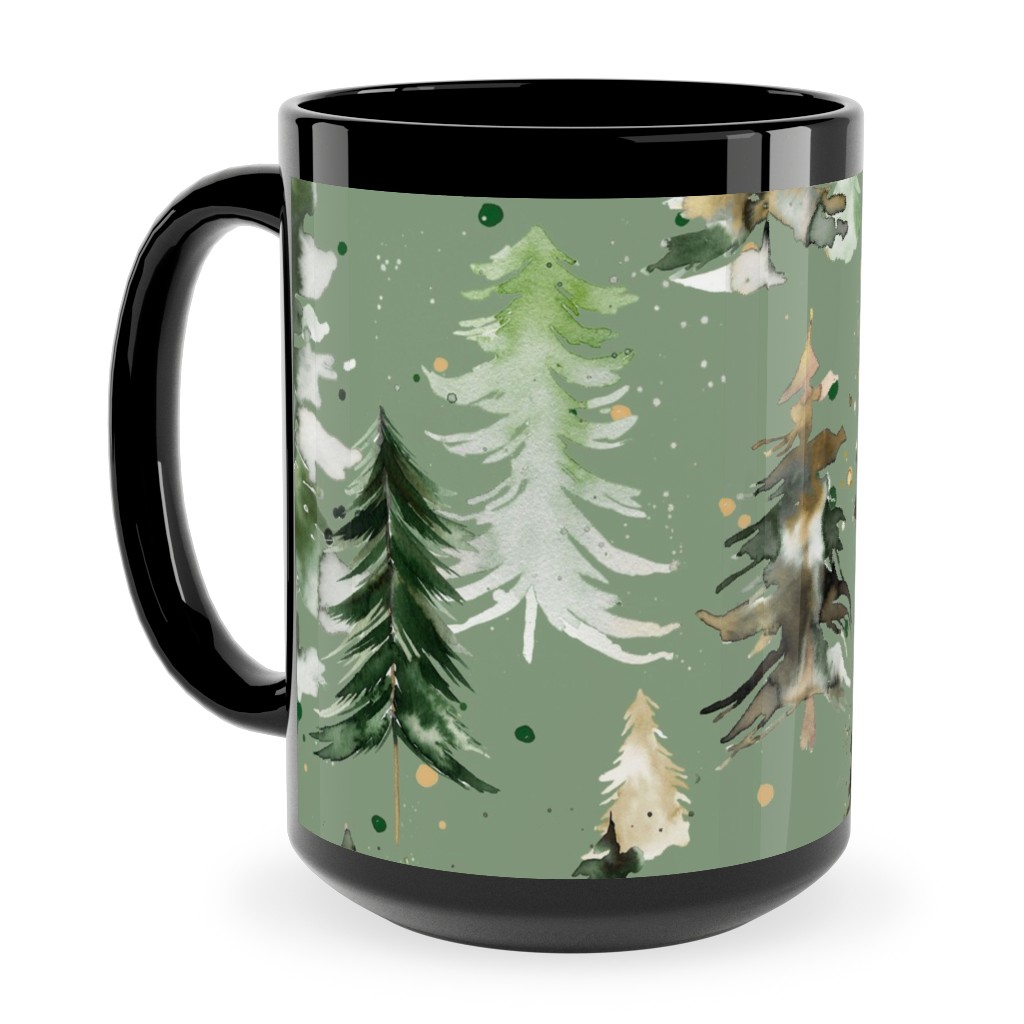 Watercolor Pines and Spruces Christmas - Green Ceramic Mug, Black, , 15oz, Green, Classic Green
