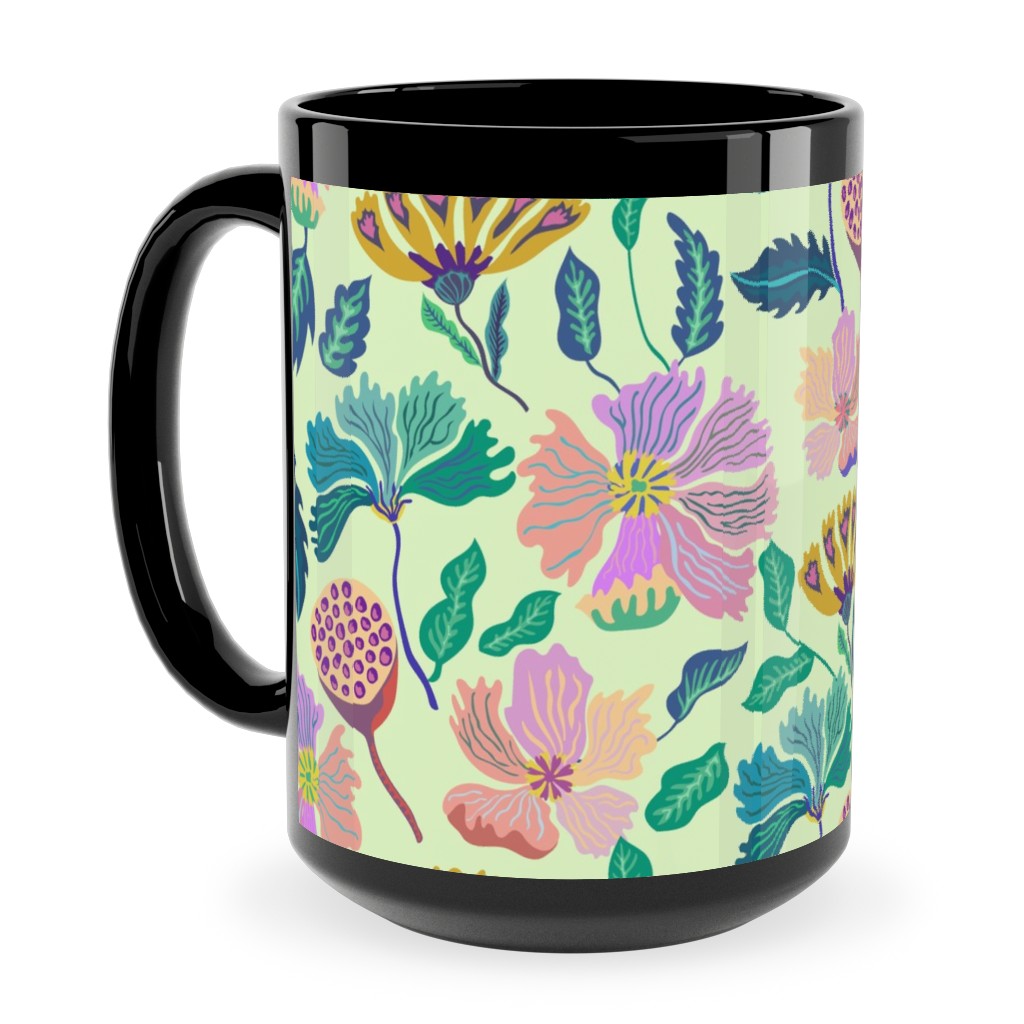 Indian Florals - Light Green Ceramic Mug, Black, , 15oz, Multicolor