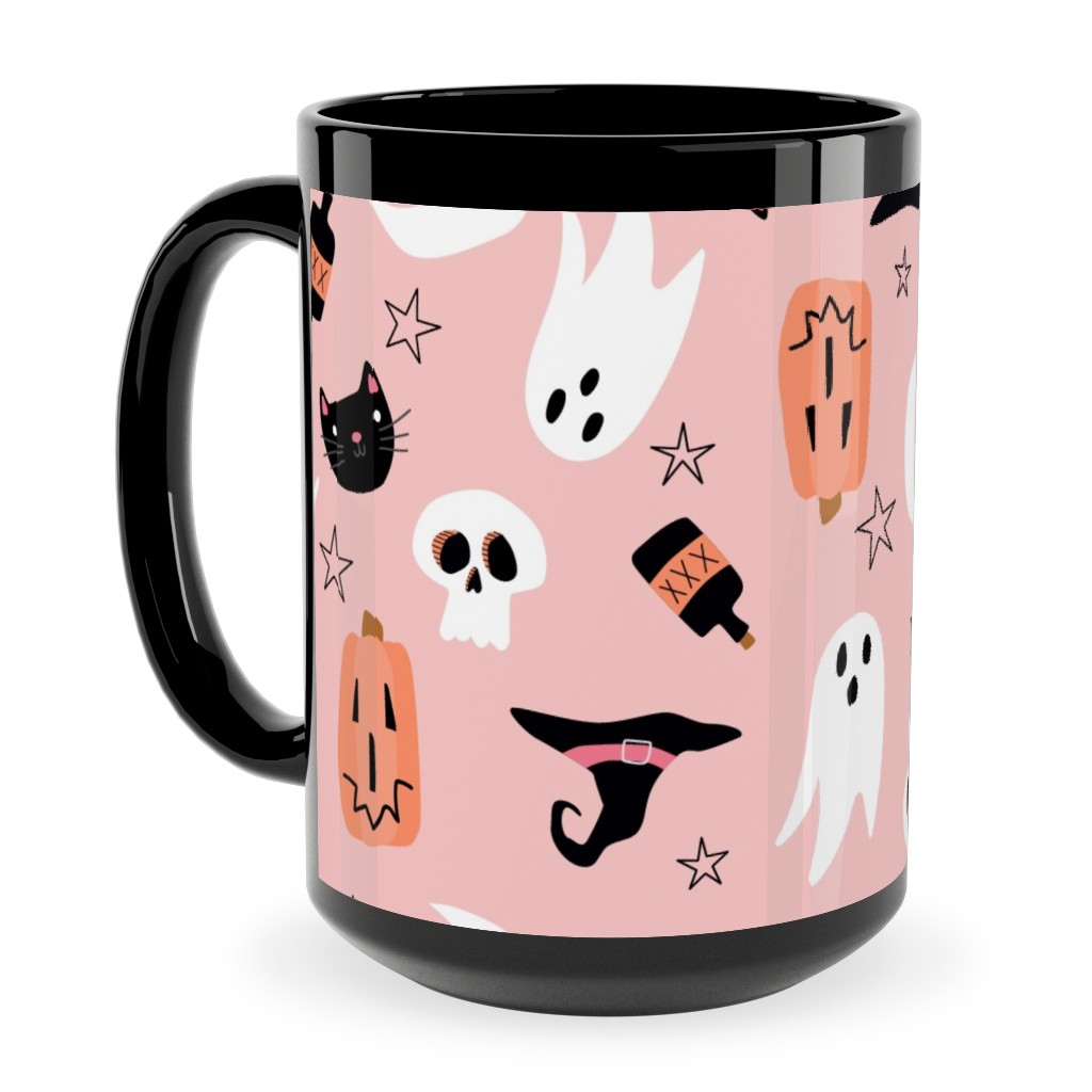 Sweet Halloween Pumpkin, Witch, Ghost, Cat Ceramic Mug, Black,  , 15oz, Pink