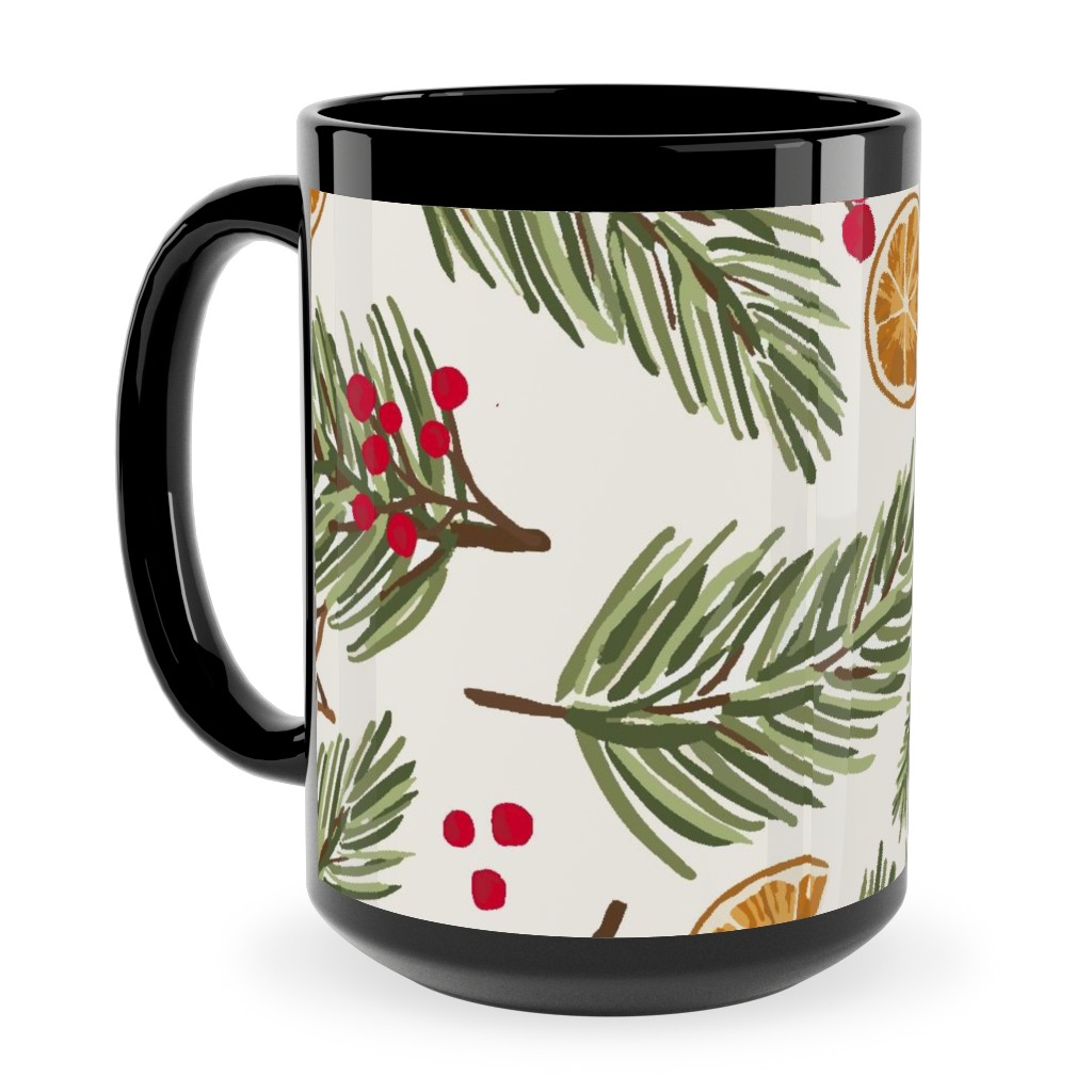 Festive Christmas Pine Sprigs and Orange Slices Ceramic Mug, Black, , 15oz, Multicolor
