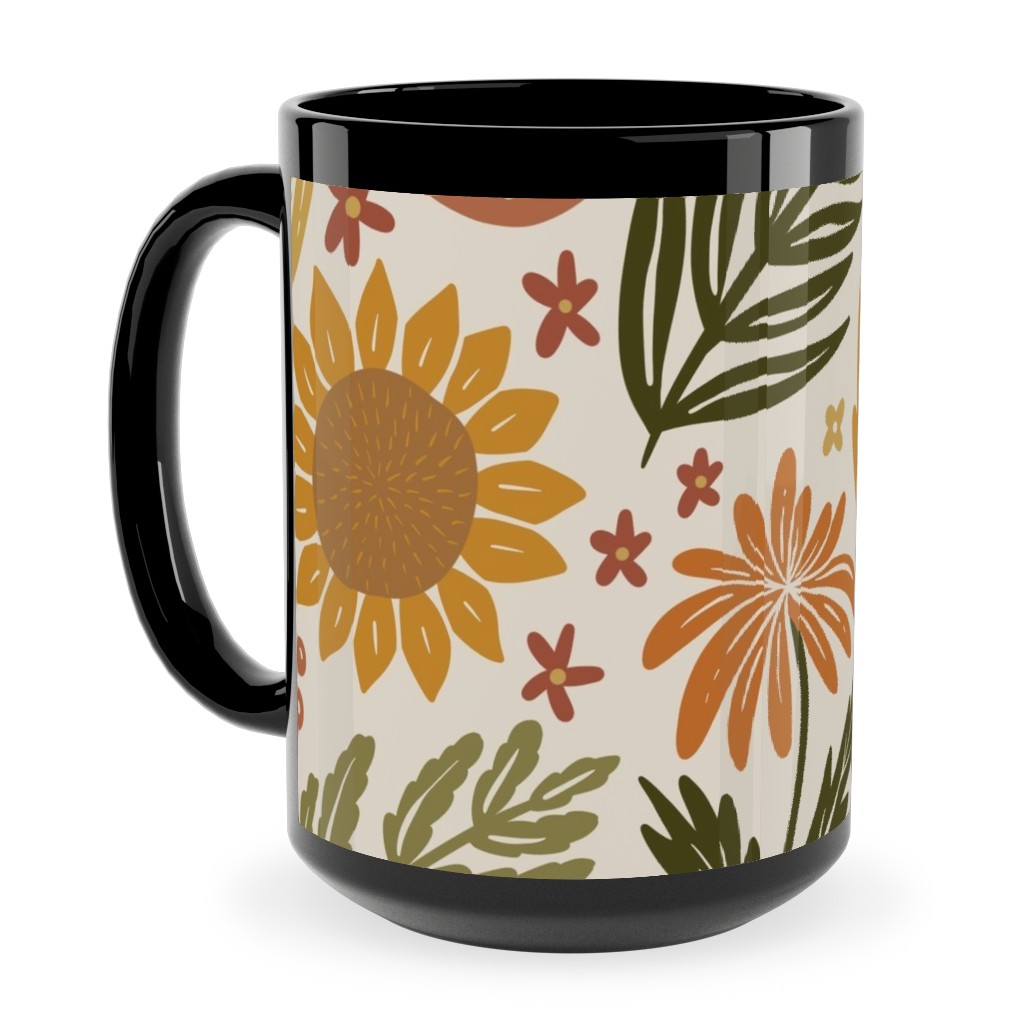 Autumn Botanicals - Leaves, Acorns, Sunflowers, Ferns, Mums, Pinecones, Mushrooms - Light Ceramic Mug, Black,  , 15oz, Multicolor